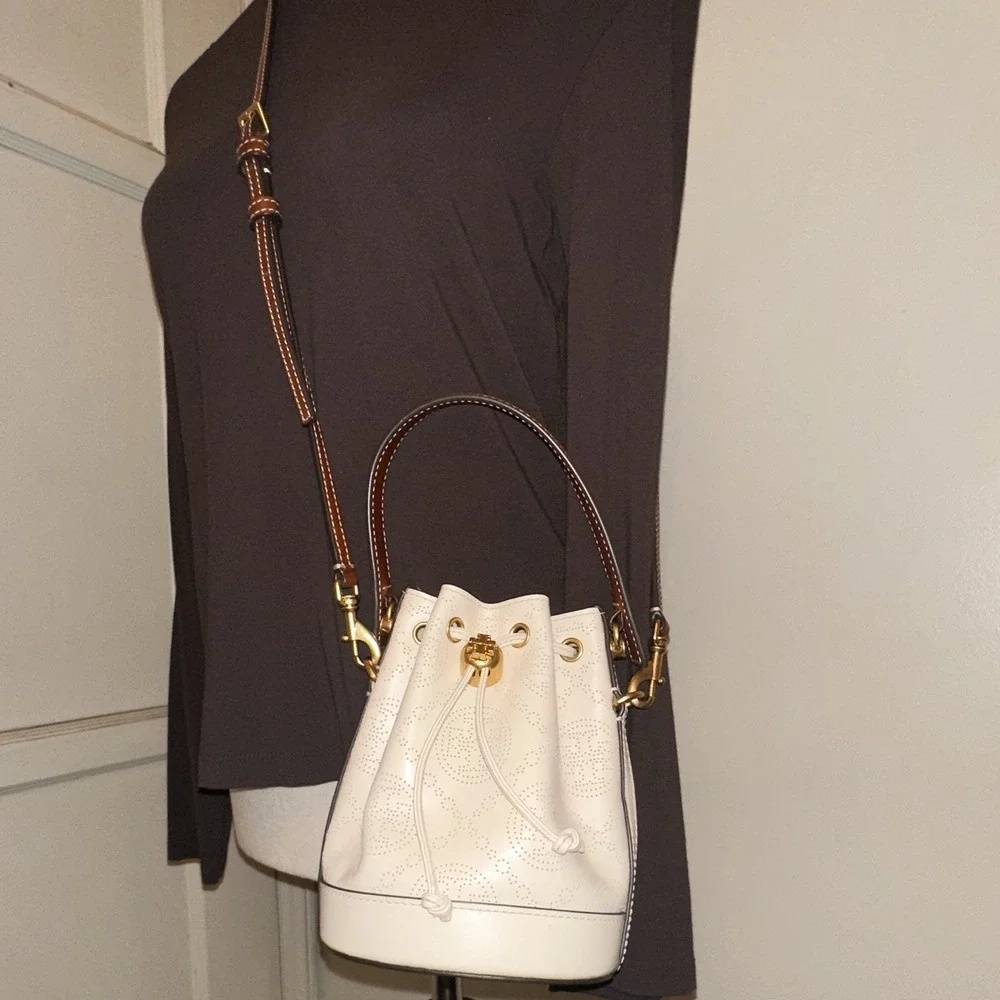 Tory Burch MINI Beige Perforated Drawstring Bucket Bag Brown Strap Gold NWOT